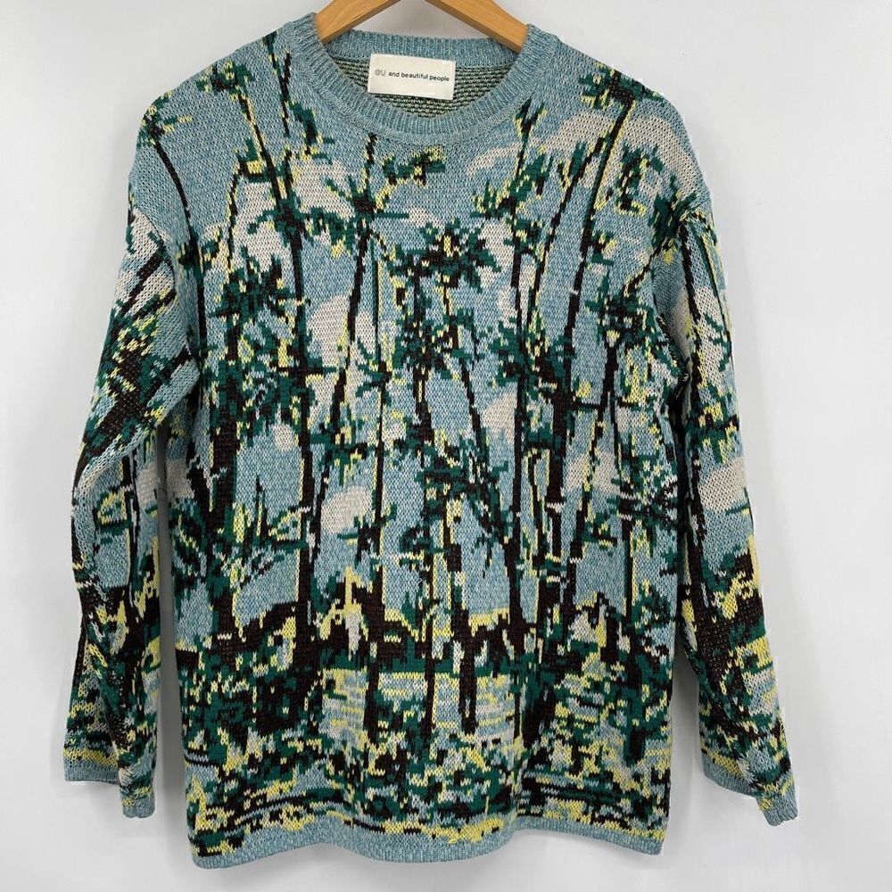 Gu and Beautiful People Green Blue Hawaiian Graphic Knit Pullover Sweater Size S